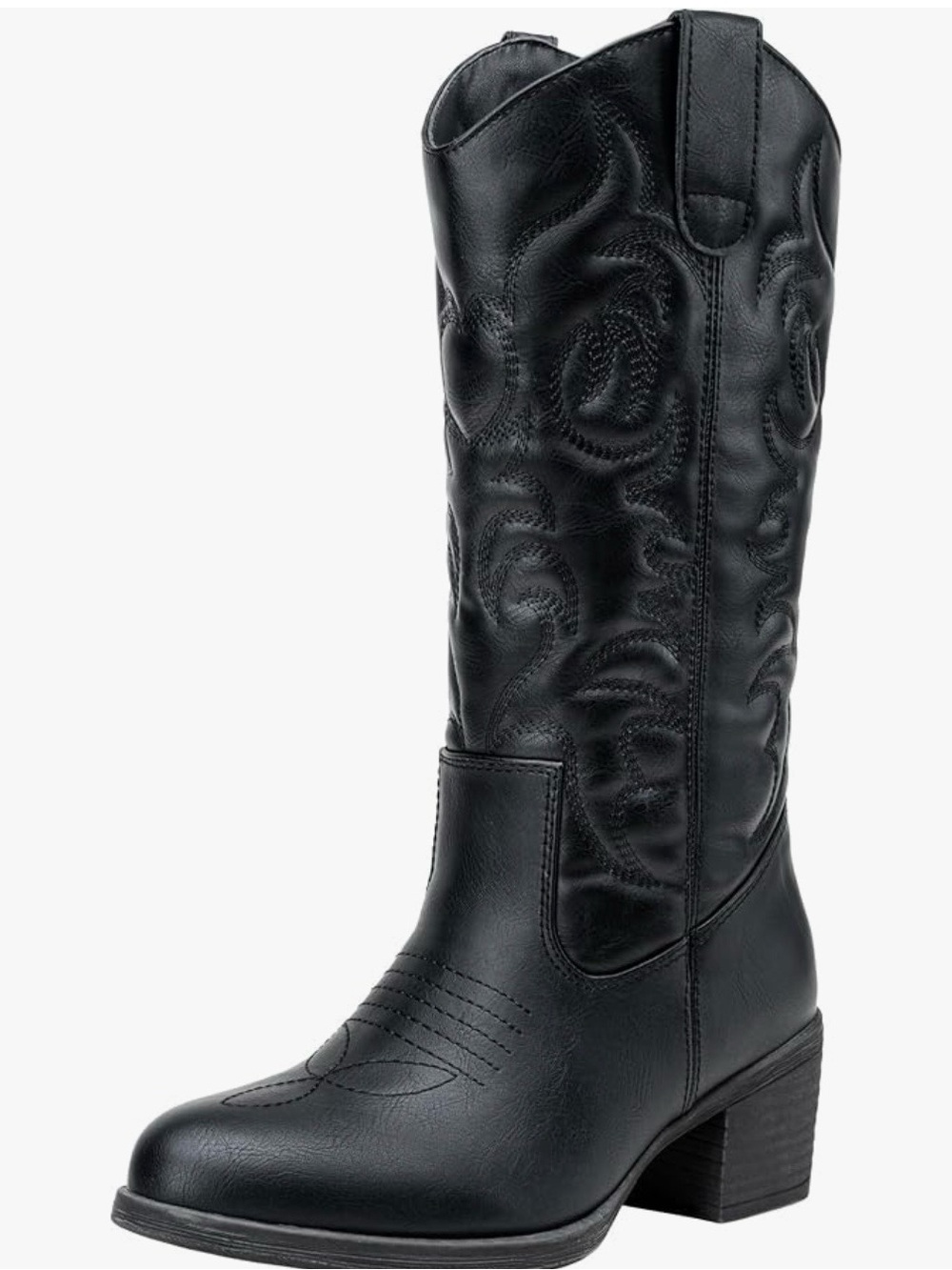 Vepose Black Embroidered Mid-Calf Western Heel Boot
